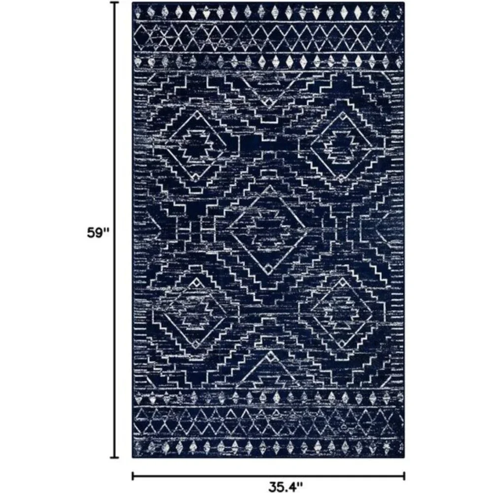 New 3x5 Blue Moroccan Rug, Washable Non-Slip Geometric Carpet for Entry & Home